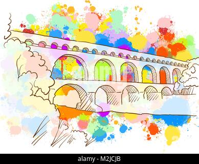 Pont du Gard colorés de croquis. Hand Drawn Vector Illustration, peinture couleur Splatter isolé sur fond blanc. Les voyages d'affaires et tourisme Concept w Illustration de Vecteur