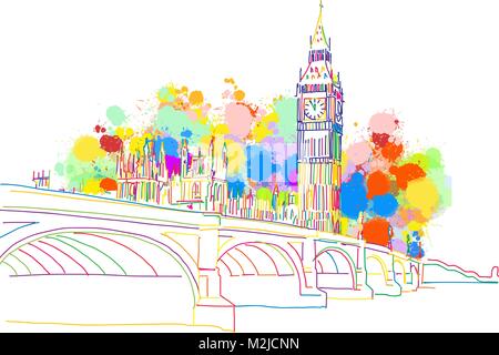 Croquis Historique coloré de Londres. Hand Drawn Vector Illustration, peinture couleur Splatter isolé sur fond blanc. Les voyages d'affaires et tourisme Con Illustration de Vecteur