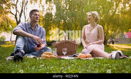 Beau petit ami raconter des histoires intéressantes à petite amie au cours de pique-nique, les séquences Banque D'Images