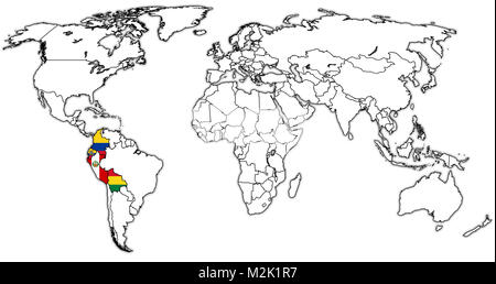 Les pays membres de la Communauté andine Les drapeaux sur la carte du monde avec les frontières nationales Banque D'Images