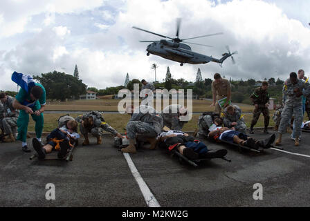 080721-N-6674H-131 Honolulu, Hawaii (21 juillet 2008) les membres et le personnel de service au Centre médical de l'Armée de tripleur shield marins affectés au navire d'assaut amphibie USS Bonhomme Richard (DG 6) agissant en tant que victimes de la descendance d'un MH-53 Sea Dragon, affecté à l'Escadron d'hélicoptères lourds Marine (HMH), 362 blessés au cours d'une perceuse. Plus de 70 marins ont été transportés à la multiple après une simulation d'explosion à bord du destroyer lance-missiles USS OÕKane (DDG 77) dans le cadre de l'exercice RIMPAC 2008. L'EXERCICE RIMPAC est le plus important exercice multinational et monde est prévue tous les deux ans par les États-Unis P Banque D'Images