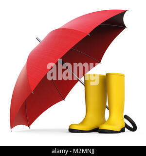 Une paire de bottes de pluie jaune et un parapluie rouge isolé sur fond blanc le rendu 3D Banque D'Images