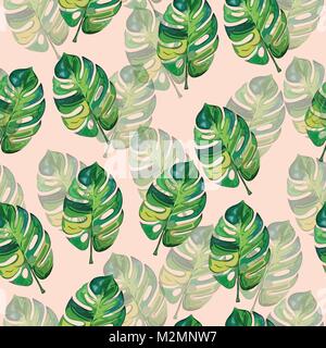 Tropical avec motif transparent mostera deliciosa en vert et rose pastel couleurs. Illustration de Vecteur