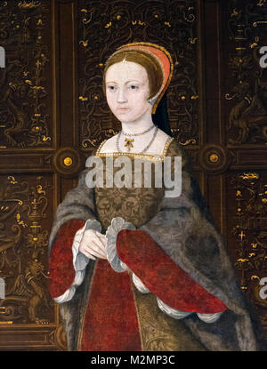 Elizabeth I. Portrait de la future reine Elizabeth I (comme la princesse Elizabeth Maalouf) à l'âge de 12 ans. Détail d'une peinture intitulée La famille de Henry VIII, huile sur panneau, c.1545 Banque D'Images