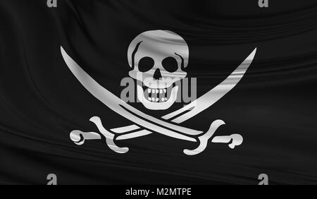 Brandissant un drapeau pirate Jolly Roger avec crâne et épées sur un drap de soie Banque D'Images