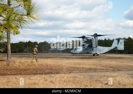 Les Marines américains avec des armes Company, 1er Bataillon, 6e Régiment de Marines, 2d Marine Division, préparer pour charger une MV-22B Balbuzard au cours d'une mission d'interruption sur la pierre Bay, N.C., 31 janvier 2018. Le but d'une récupération d'aéronefs tactiques et de personnel (TRAP) est de récupérer de l'équipement, du personnel, du matériel de réparation, ou détruire l'équipement laissé à partir d'un aéronef ou d'un véhicule au sol vers le bas. (U.S. Marine Corps photo de LCpl. Angel D. Travis) Banque D'Images