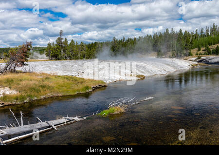 Vue de la rivière Firehole comme il coule à travers le vieux quartier thermal de fidèles. Le Parc National de Yellowstone, Wyoming, USA Banque D'Images