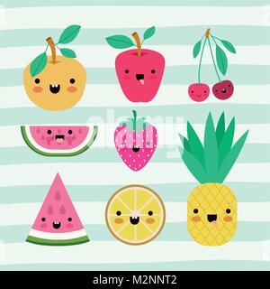 Kawaii set fruits collection sur fond de couleur décoration Illustration de Vecteur