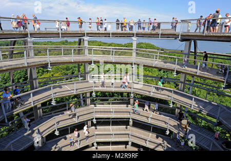 Visiteur dans la tour d'observation "Adlerhorst', sans barrière, le point le plus élevé du 'Baumwipfelpfad' (chemin) dans le Zentrum Naturerbe Rügen, en vue de les forêts de feuillus mixtes de Rügen, de Jasmunder Bodden et la mer Baltique Banque D'Images