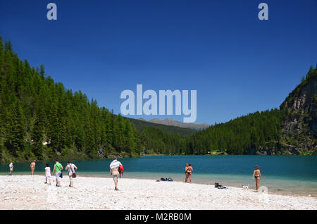 Plage de baignade sur la Pragser Wildsee / Lake Prags, Pustertal, Dolomites, Tyrol du Sud, Trentin, Italie Banque D'Images