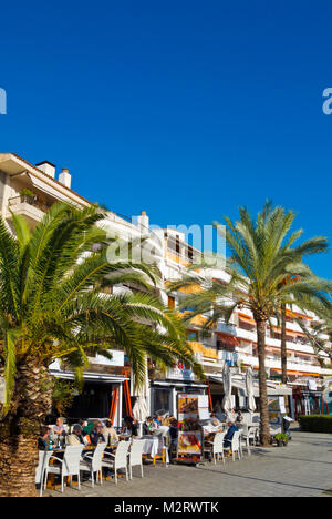 Restaurant café terrasses, PASSEIG MARITIM, Paseo Maritimo, la promenade du port, Port d'Alcudia, Majorque, Iles Baléares, Espagne Banque D'Images