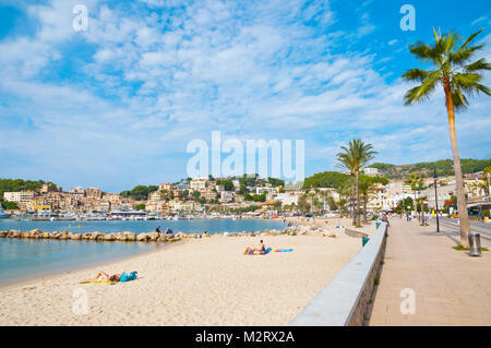 Platja de Port de Soller, Plage, Port de Soller, Majorque, îles Baléares, Espagne Banque D'Images