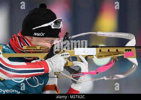 Pyeonchang (Corée du Sud). Feb 8, 2018. Le biathlète Johannes Thingnes Boe de la Norvège s'entraîne au Centre de préparation au biathlon d'Alpensia dans Pyeonchang (Corée du Sud, 8 février 2018. Credit : Hendrik Schmidt/dpa-Zentralbild/dpa/Alamy Live News Banque D'Images