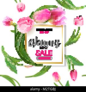 Vector femme vente bannière avec lettrage à main - womens day - avec des fleurs de tulipe tulipes sur fond transparent. Illustration de Vecteur