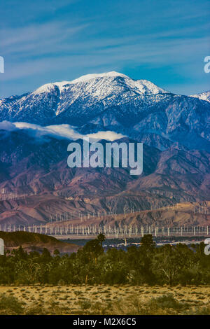 Belle neige Mont San Jacinto s'élève au-dessus de la vallée de Coachella et Col San Gorgonio Wind Farm, Palm Desert, Californie Banque D'Images