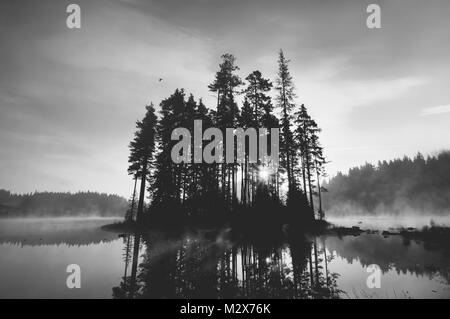 Belles réflexions de lac et petite île dans la brume matinale, en noir et blanc. Banque D'Images