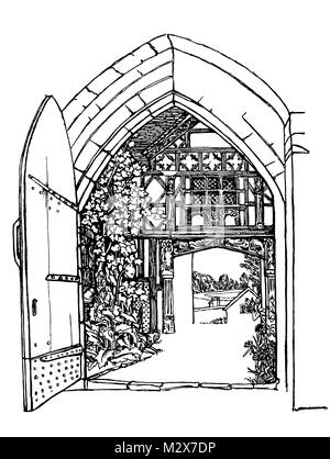 Stokesay Castle, passerelle, Shropshire, line illustration design par Mary Jane Newill de 1895 Le Studio un magazine illustré de et en beaux-Ar Banque D'Images