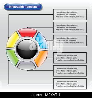 Vector Illustration Infographie modèle conçu comme sept boutons brillants. Un grand cercle noir l'un est au milieu entouré de six couleurs différentes. Illustration de Vecteur
