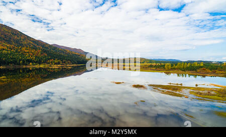 Drone aérien de couleurs d'automne vue incroyable sur le lac. Cerknisko lake, Slovénie Banque D'Images