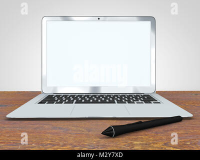 Stylo numérique et l'ordinateur portable, travail, graphiques, idée. Bureau en bois Banque D'Images