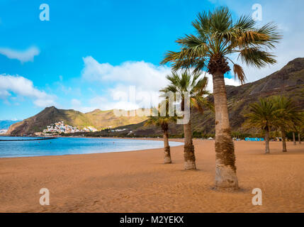 Coucher Soleil nuages et de palmiers sur la plage de Las Teresitas, Tenerife Banque D'Images