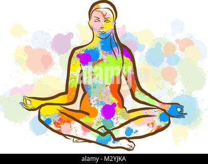 Siddhasana colorés Yopa poser. Hand Drawn Vector Illustration, Splatter Color isolé sur fond blanc. Creative Communication Concept. Illustration de Vecteur