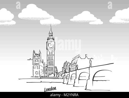 London, Royaume-Uni célèbre de croquis. Dessin Dessin à la main. L'icône de carte de vœux avec un titre, vector illustration Illustration de Vecteur