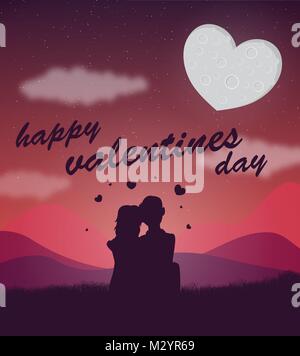 Valentines Day la silhouette d'un couple avec une lune en forme de cœur derrière eux Illustration de Vecteur