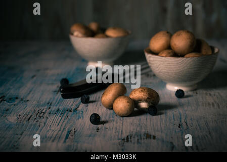 Photo horizontale avec plusieurs brown de champignons comestibles. Champignons crus est renversé sur blue vintage wooden board avec blackthorns et placés dans deux cera Banque D'Images