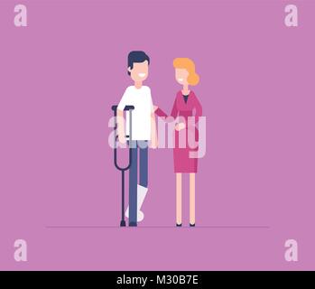 Femme avec l'homme sur des béquilles - une télévision moderne style design illustration Illustration de Vecteur