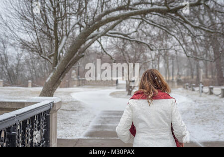 Femme de marcher seul dans le parc en hiver avec dos à la caméra et la chute de neige fraîche Banque D'Images