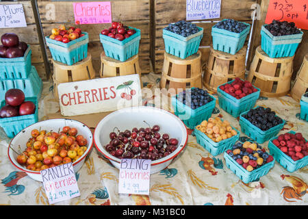 Pennsylvania,PA,Northeastern,Willow Street,ferme,stand de produits de bord de route,fruits,baies,cerises,bleuets,framboise,prune,signature écrite à la main,prix,rusti Banque D'Images