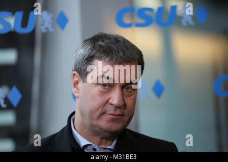 Munich, Allemagne. Le 08 février, 2018. Le ministre des Finances bavarois Markus Soeder. En mars, il deviendra gouverneur de Bavière. Le Conseil de l'Union chrétienne sociale (CSU) s'est réuni pour discuter après la fin de la coalition avec l'Union Deocratic chrétienne d'Angela Merkel et le Parti des sociaux démocrates (SPD). Crédit : Alexander Pohl/Pacific Press/Alamy Live News Banque D'Images