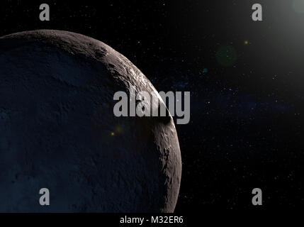 Cette image est un concept de la planète naine Makemake dans la ceinture de Kuiper et ombre de la sa petite lune MK2 dans une œuvre scientifique et précise le desi Banque D'Images