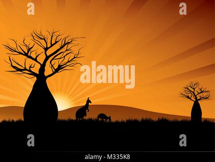 Silhouette de kangourous australiens parmi les baobabs au coucher du soleil Illustration de Vecteur
