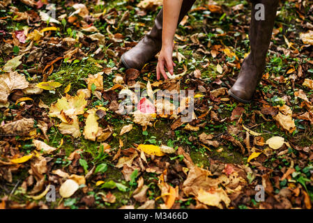 Jeune fille se pencher ramasser les feuilles d'automne Banque D'Images