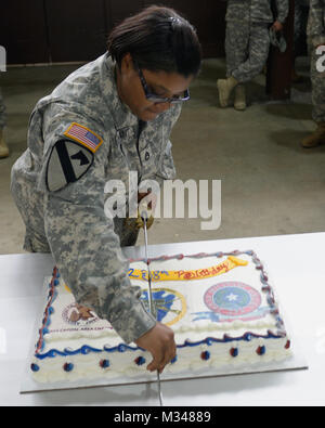 Le s.. Angela Descante, 36e Division d'infanterie, Texas Army National Guard, tranches d'un sabre dans le gâteau, pour célébrer le 378e anniversaire de la Garde nationale, le 11 décembre 2014, au Camp Mabry à Austin, Texas. 141211-Z-NC104-169 par Texas Département militaire Banque D'Images