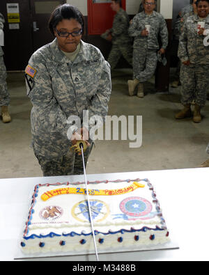 Le s.. Angela Descante, 36e Division d'infanterie, Texas Army National Guard, tranches d'un sabre dans le gâteau, pour célébrer le 378e anniversaire de la Garde nationale, le 11 décembre 2014, au Camp Mabry à Austin, Texas. 141211-Z-NC104-165 par Texas Département militaire Banque D'Images