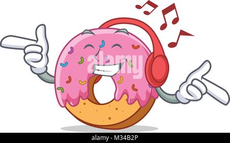 Musique écoute Donut mascot cartoon style Illustration de Vecteur