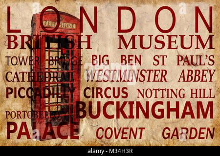 Texte avec Londres sur red phone box vintage sepia background Banque D'Images