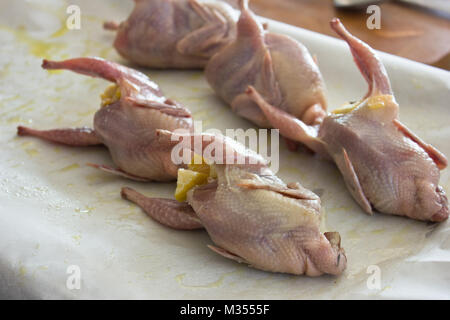 Une matière caille farcie avec les fruits et légumes frais sur le bac Banque D'Images