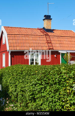 Maison de bois traditionnelle suédoise de derrière une haie, d'archipel de Stockholm, Suède Banque D'Images