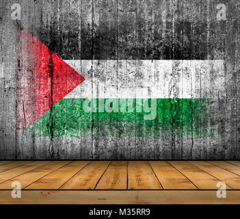 Drapeau Palestine peinte sur la texture de fond en béton gris avec plancher en bois Banque D'Images