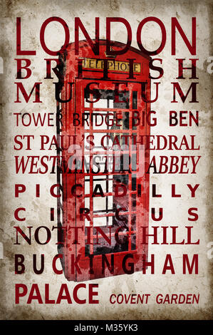 Texte avec Londres sur red phone box vintage sepia background Banque D'Images