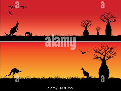 Boab arbres et deux kangourous dans le coucher du soleil de l'Australie outback Illustration de Vecteur