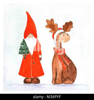 Aquarelle Santa et deer illustration. Carte de vœux du Nouvel An Banque D'Images