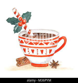 Tasse avec boisson chaude. Aquarelle de Noël illustration isolé sur blanc . Banque D'Images