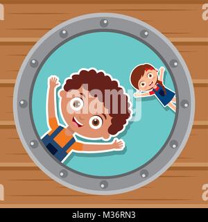 Cute kids dans la fenêtre ronde heureux Illustration de Vecteur