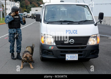 151202-N-XN177-060 Yokosuka, Japon (décembre 02, 2015) - Maître d'Armes, 3e classe Vincent Nicholford de Sayreville, N.J. sangles sur son casque en Kevlar au cours d'un exercice de protection de la force à bord d'activités de la flotte (FLEACT) Yokosuka, tandis que est chien de travail militaire (MWD) Bery attend. Les chiens à l'unité MWD sont utilisés pour appréhender les suspects et de détecter des explosifs et des stupéfiants lors de la recherche des bâtiments, navires et sous-marins à FLEACT. FLEACT fournit, entretient et exploite des installations et des services de base à l'appui de la 7e flotte des forces navales déployées, 83 commandes et 24 000 locataires, mil Banque D'Images