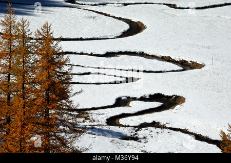 Méandres d'hiver sous la neige ou la rivière sinueuse Allos dans le Parc National du Mercantour, Alpes, Alpes de Haute-Provence, France Banque D'Images